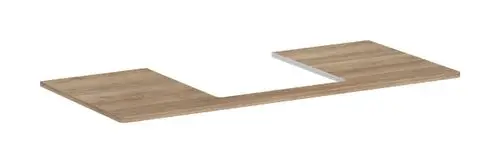 Konsole aus Holz mit mittigem Ausschnitt. Produkt von Hansgrohe, geeignet für einen Aufsatzwaschtisch. Oberfläche in Eichenoptik.